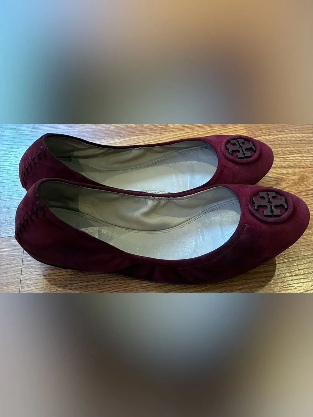 Tory Burch Wine Suede Logo Ballet Flats